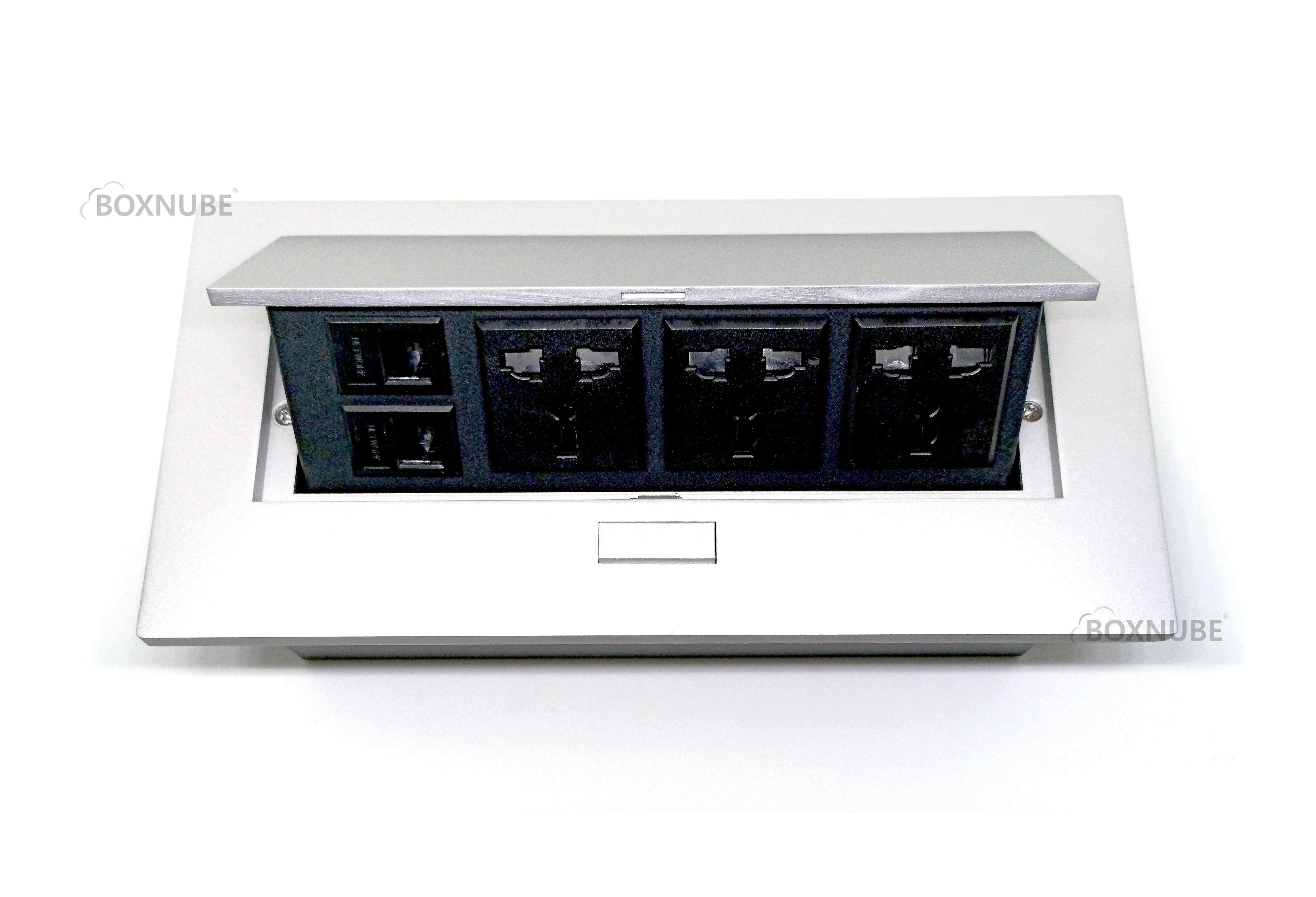 BOXNUBE Hydraulic Pop UP Box Cable Cubby Extension Board with 3 x Universal Power Sockets & 2 x CAT6 LAN Ports (Silver) BOXNUBE Hydraulic Pop UP Box Cable Cubby Extension Board with 3 x Universal Power Sockets & 2 x CAT6 LAN Ports (Silver)